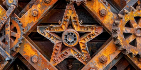 Canvas Print - Rusty metal gears and a star. AI.