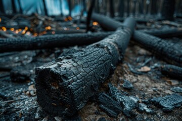 Poster - A charred log lies on the forest floor after a fire. AI.