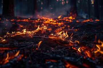 Sticker - Burning embers and flames on the forest floor. AI.