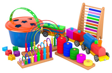 Wooden toy stacking train, shape sorter bucket and wooden colored stacking rings. 3D rendering isolated on transparent background