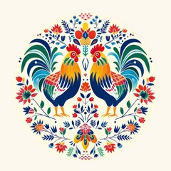 a polish folk pattern embroidery with roosters