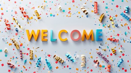 Welcome greeting text on white background with colorful paper confetti, events, websites, greetings, hospitality industry and promotional materials