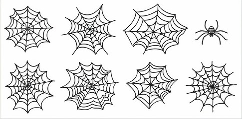 An illustration of elements for the celebration of Halloween in the form of black and white web silhouettes.