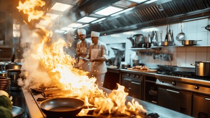 Poster - Commercial kitchen with two chefs in the background and flames on a stovetop in the foreground, showcasing a busy and intense cooking environment.