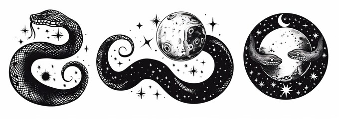 The snake represents occultism symbols, esoteric objects, the moon, eyes, constellations, sun and stars.