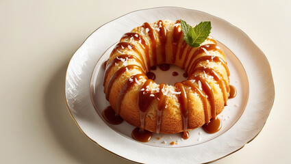 Wall Mural - Baked Coconut Cake Drizzled with Caramel Sauce on Elegant Plate