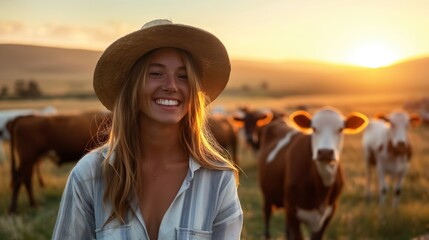 Poster - Smiling woman in a hat standing in a field with cows in the background during a sunset.