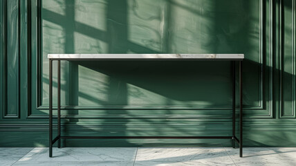 Wall Mural - Minimalist console table against green paneled wall in sunlight.