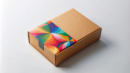 High-angle shot of a modern e-commerce packaging design template, featuring a sleek box with colorful branding on the front and shipping details on the back.