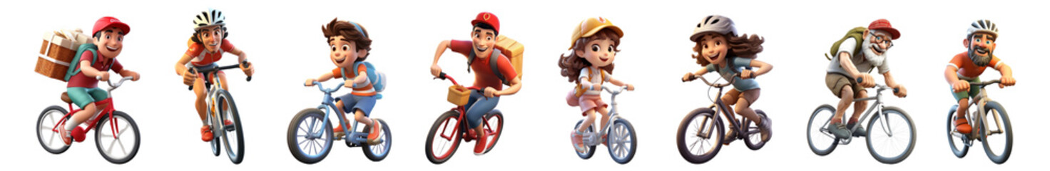 Wall Mural - 3D diverse people riding bikes png cut out element set