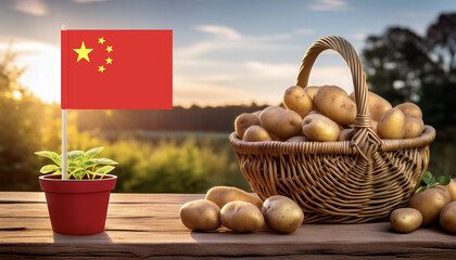 Wall Mural - flag of China on potted potato seedling,and wicker basket full of potatoes on wooden table,against agricultural field at dawn.Chinese agriculture,import,export and production concept.