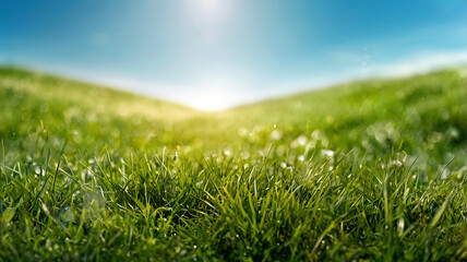 Wall Mural - Green grass and sun rays blur background