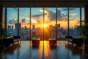 Wall Mural - Modern office interior overlooking a cityscape at sunset