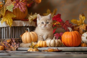 Sticker - A small kitten sitting in front of a basket of pumpkins