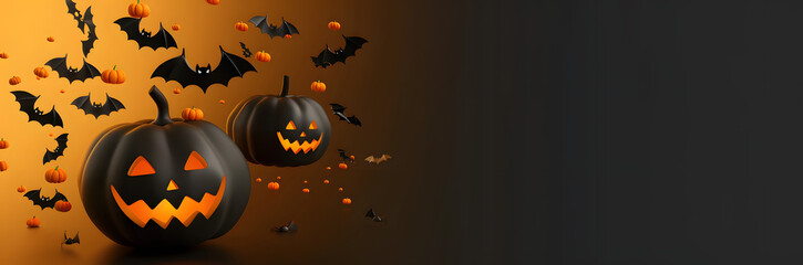 Wall Mural - Happy Halloween banner. Festive background with realistic 3d black pumpkins with cut scary smile and flying bats. Horizontal holiday poster, header for website. Vector illustration