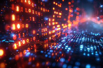 A binary background with dark blue and touches of neon highlights creating a technological and futuristic aesthetic