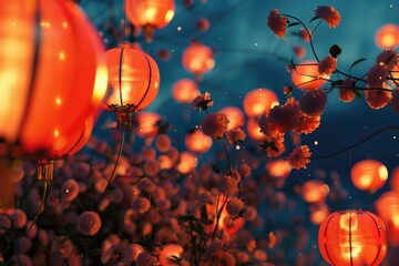 Wall Mural - Glowing lanterns in a traditional arrangement against the night sky.