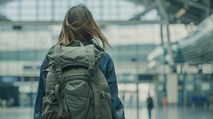 A traveler with a backpack and a packed suitcase, waiting for their journey at an airport.