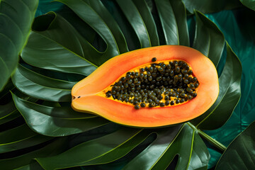 Wall Mural - Fresh half of papaya with seeds on tropical leaves background. Tropical exotic fruit.