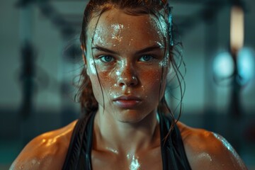 Poster - A woman with sweat on her face is standing in a gym. She looks tired and exhausted. The gym is dimly lit, and the woman's reflection is visible in the mirror