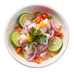 Peruvian style fish ceviche on white bowl top view on transparent background