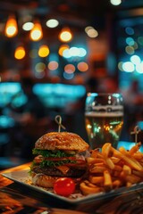 Poster - A burger and fries are on a plate in front of a glass of beer. The atmosphere of the image is casual and relaxed, as it is a typical meal at a diner or fast food restaurant