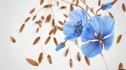 Wall Mural - A blue flower with brown stems and leaves. The image has a serene and peaceful mood