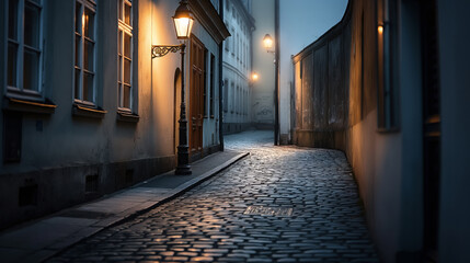 Sticker - Narrow cobblestone street at night with glowing street lamps and old buildings.