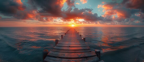 Wall Mural - Old wooden pier on the beach at sunrise, wide copy space