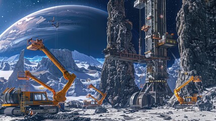 Wall Mural - a space elevator under construction on the surface of a distant planet, with robotic arms assembling