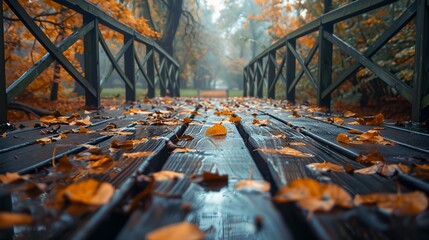 Poster - A bridge with a wooden deck and leaves on the ground