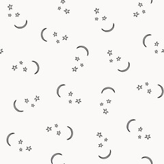 Seamless pattern contour line art moon crescent and stars.  Black and white drawing repeated on a white background drawn by hand.