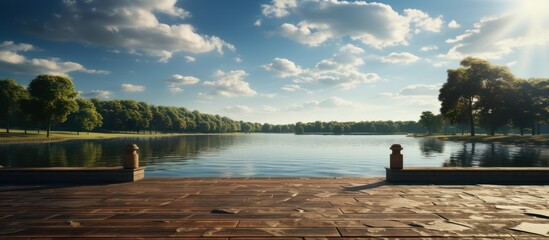 Wall Mural - Park road platform and lake on cloudy sunny background