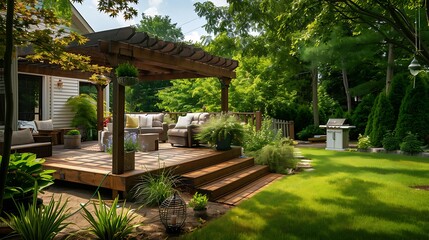 Wall Mural - A backyard of a suburban home with a deck and pergola