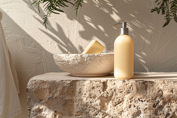 Light beige plastic pump bottle mockup with blank label on a stone counter. Modern minimalistic bathroom interior, nature-inspired aesthetics