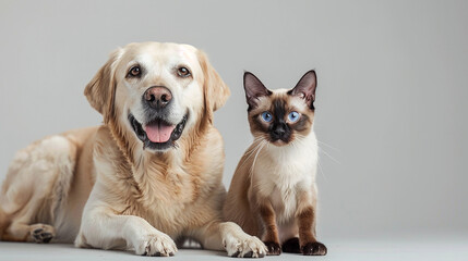 A charming image of a friendly golden retriever dog and a Siamese cat sitting together, representing friendship and companionship.