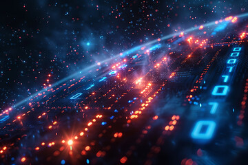 A binary background with dark blue and touches of neon highlights creating a technological and futuristic aesthetic