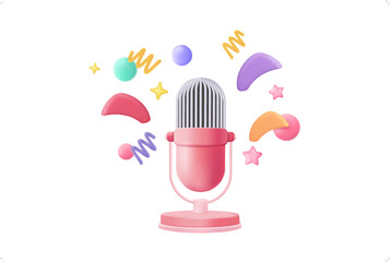 3d microphone with voice for announce promotion in background. mic record for music singing and audio or podcast minimal concept. 3d mic icon vector render illustration for alert and announcement