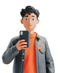 Poster - 3d cartoon guy character using cell phone and taking a selfie isolated on transparent background