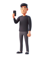 Poster - 3d cartoon guy character using cell phone and taking a selfie isolated on transparent background