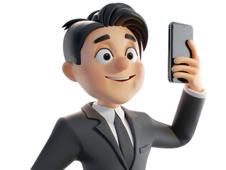 Poster - 3d cartoon guy character using cell phone and taking a selfie isolated on transparent background