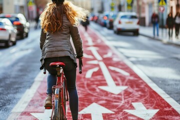 Wall Mural - A woman rides her bicycle down a busy city street