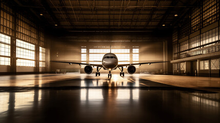 Wall Mural - Commercial airplane parked inside a large hangar during sunset, with sunlight casting dramatic shadows and a warm glow throughout the space.