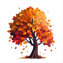 Vector illustration of autumn trees, trees with leaves in orange tones with falling leaves on a white background