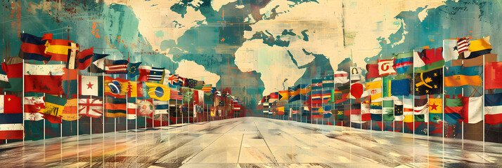 Wall Mural - the poster has many flags flying around the world