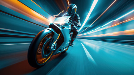 Wall Mural - Motorcyclist riding a high-speed motorcycle through a tunnel with motion blur emphasizing speed and dynamic movement.