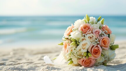 Canvas Print - Bouquet of wedding flowers placed on the sandy beach, with the ocean in the background