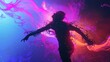 © Олег Фадеев - Silhouette of a person in a dynamic pose, surrounded by vibrant, flowing colors in shades of purple, pink, and blue, with sparkling particles and ethereal light effects
