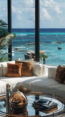 Sticker - A living room with a large window overlooking the ocean