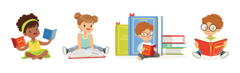 Wall Mural - Kids Reading Books and Enjoying Literature Vector Set